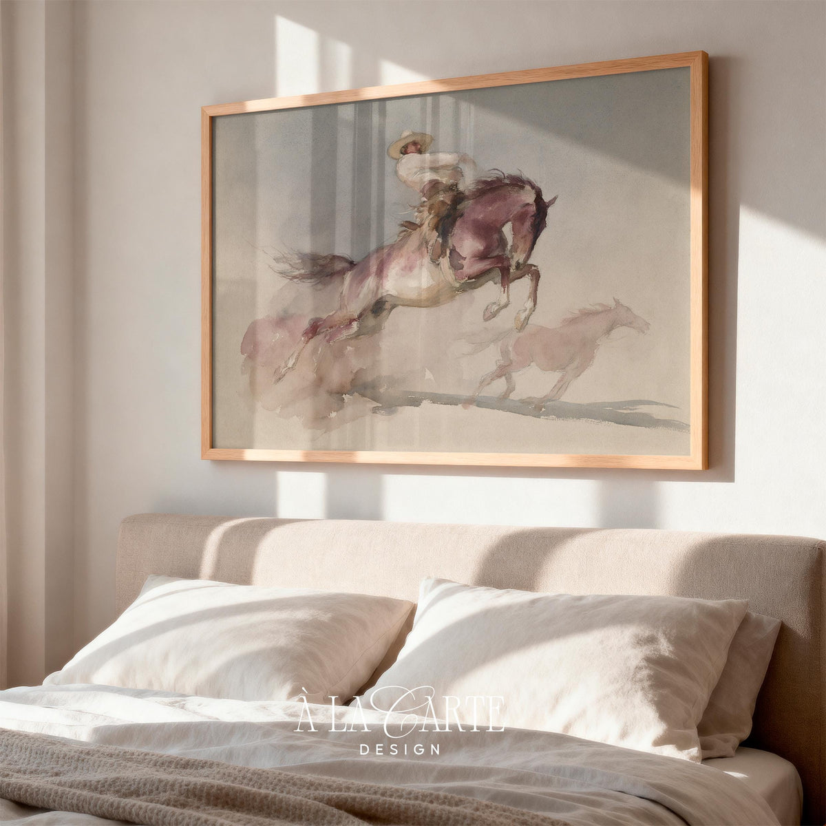 Equestrian action picture printable — dusty ranch scene with soft washes and gestural painting technique