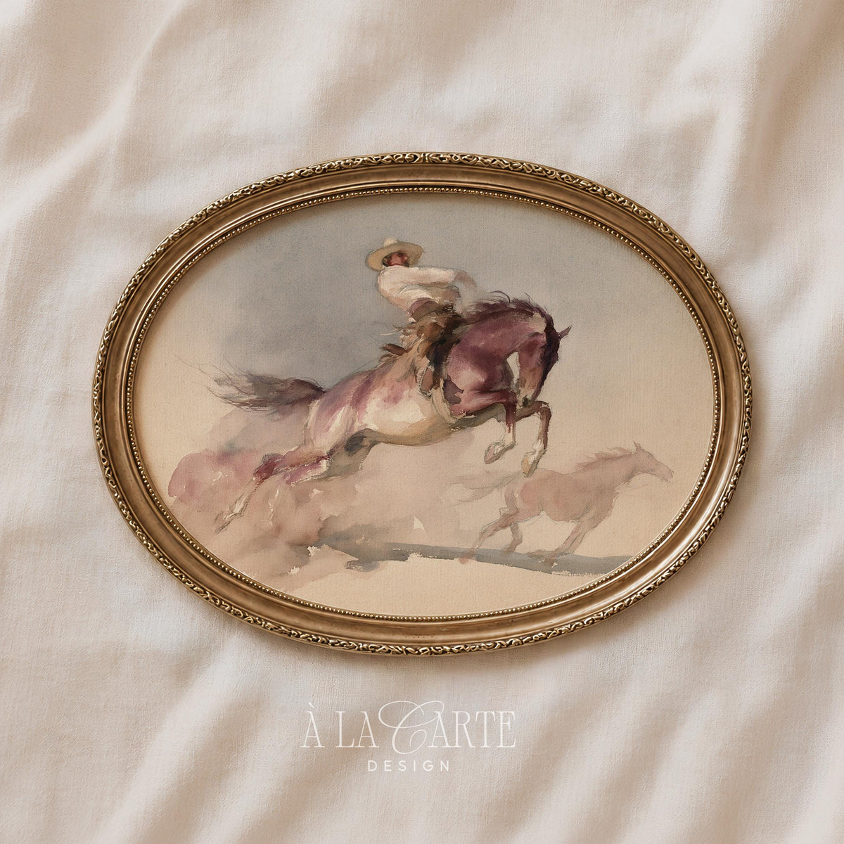 Rustic cowboy scene wall art — loose watercolor with dynamic rearing horse and background motion