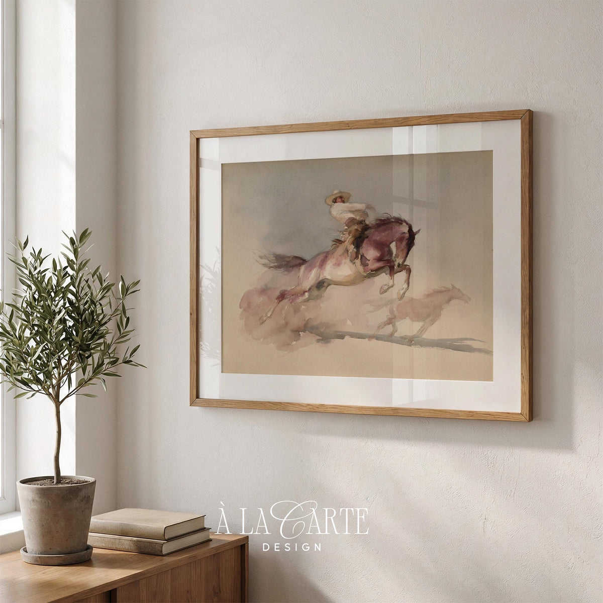 Wild horse and rider poster for bedroom — vintage watercolor with muted earth tones and dynamic motion