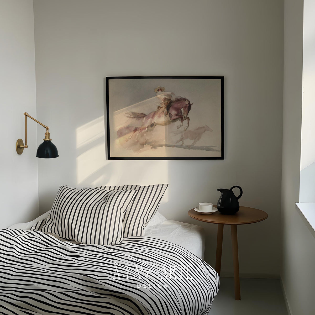 Western equestrian printable poster for above bed — muted palette with loose brushstrokes and classic frontier mood