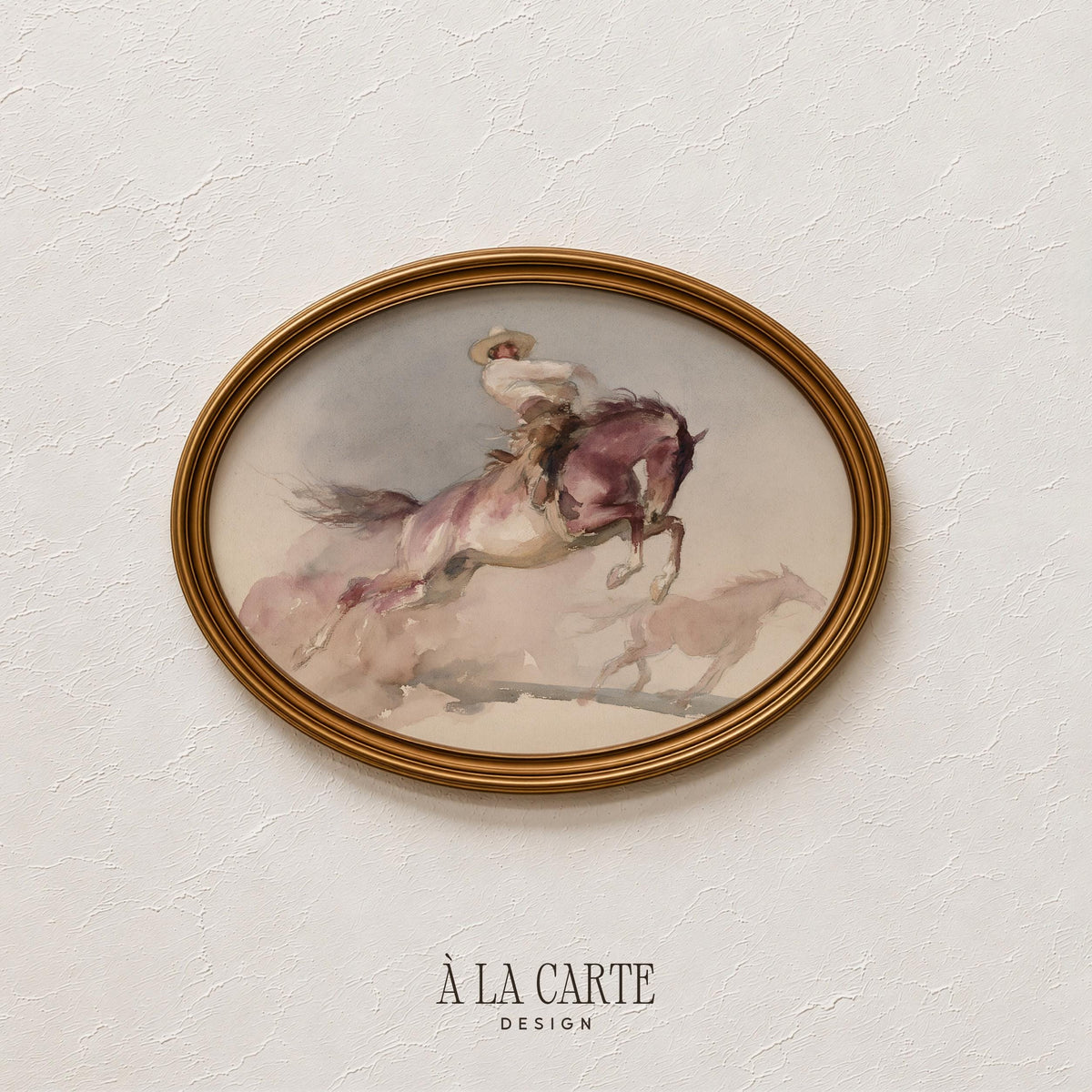 Bucking mustang with rider digital wall art — vintage ranch scene in soft watercolor with untamed motion