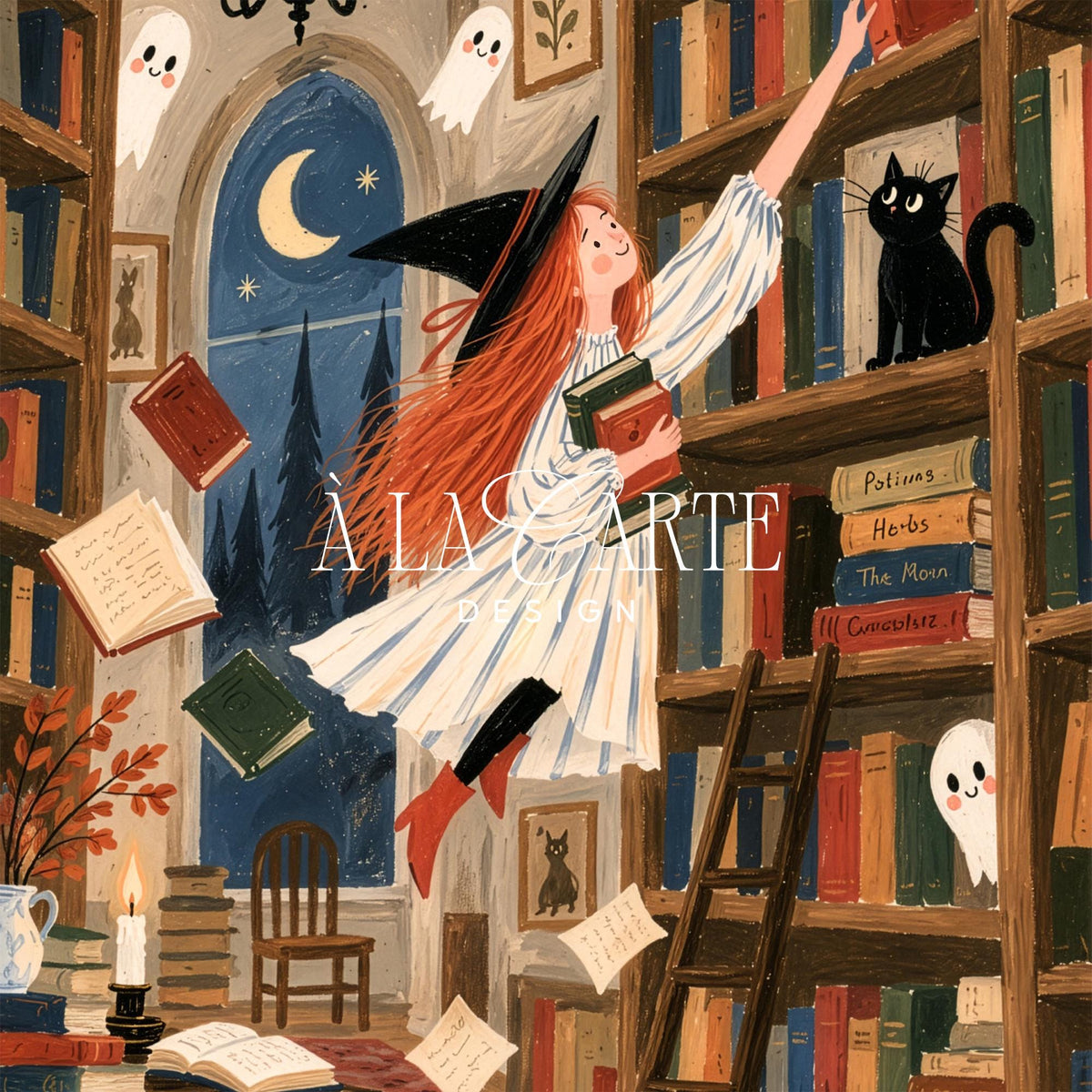 Witch illustration digital print for bedroom — playful autumn aesthetic with storybook charm