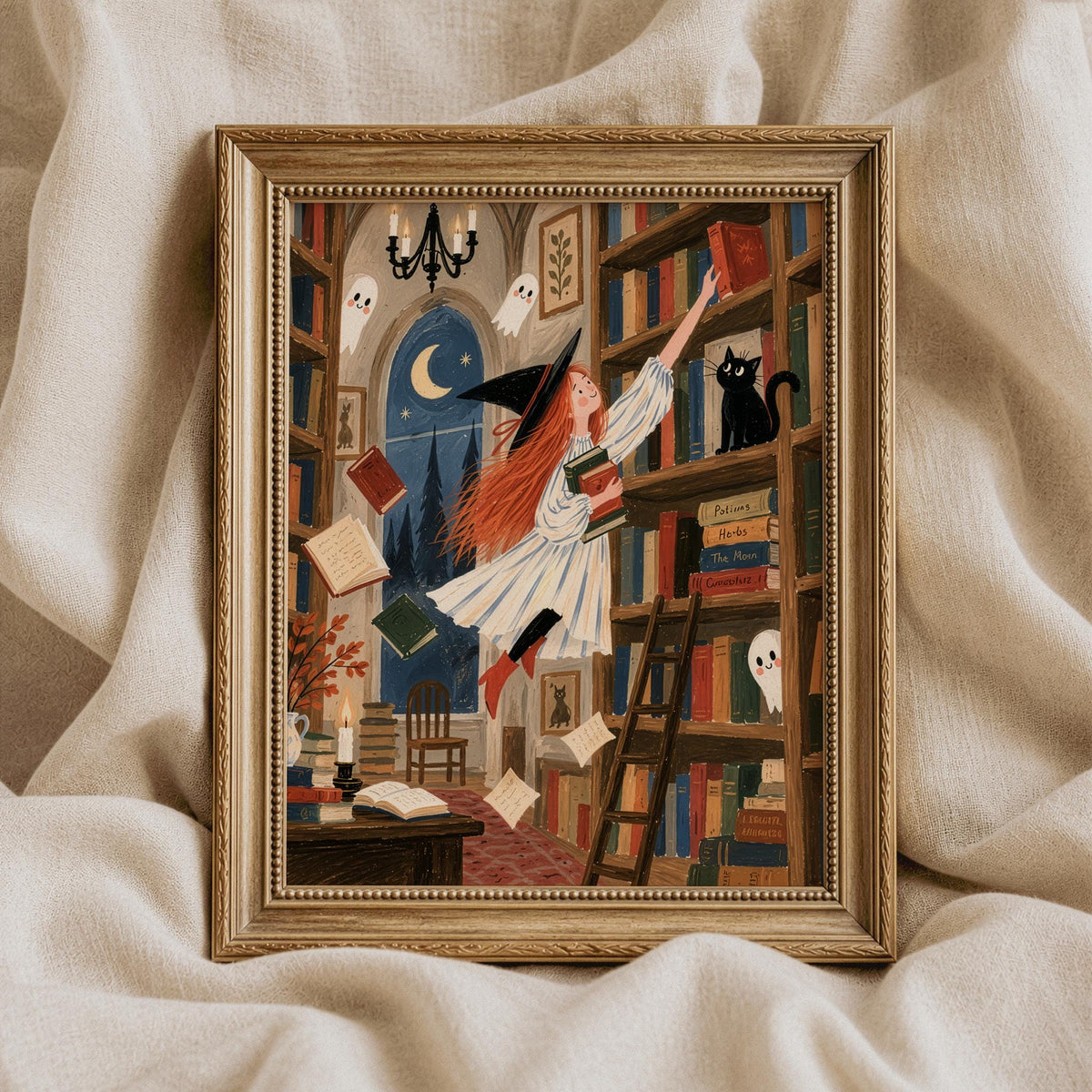 Charming autumn wall picture with pale-haired magic user, floating pages, and library-at-night ambiance