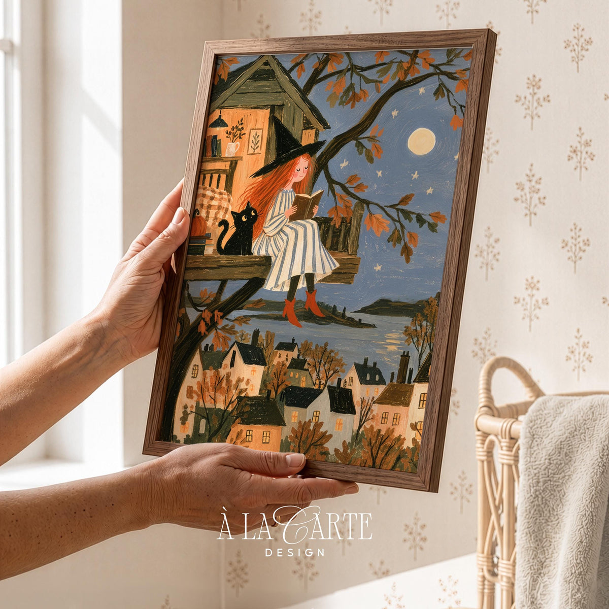 Whimsical night scene picture for hallway — curtained treehouse window framing sleepy coastal village landscape