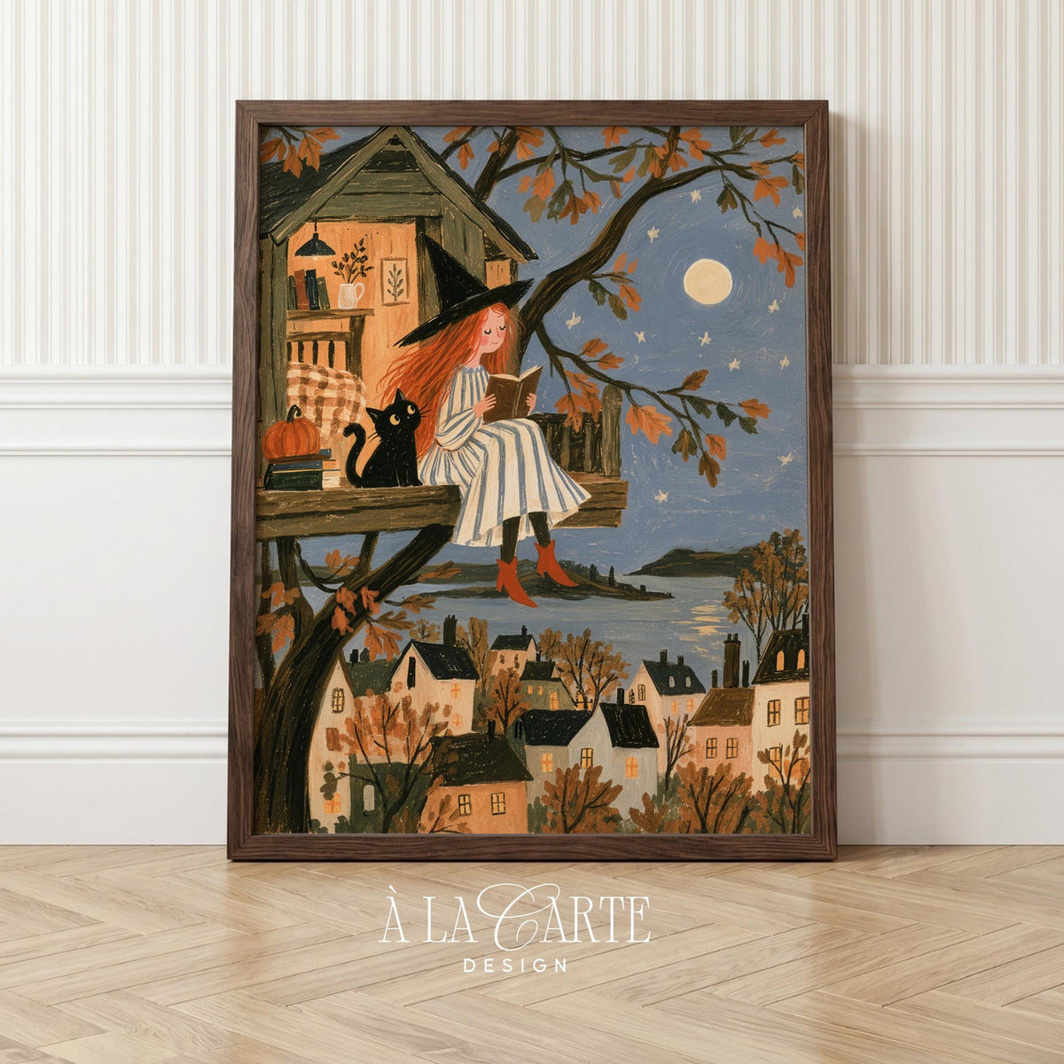 Treehouse digital print for nursery — spooky-cute girl reading by lantern light with sleeping village below