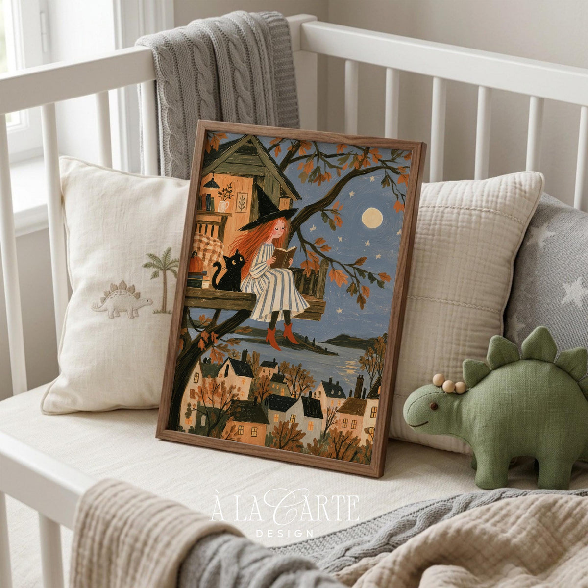 Folk-art painting printable for den — red-haired reader with animal friend in magical woodland setting at dusk