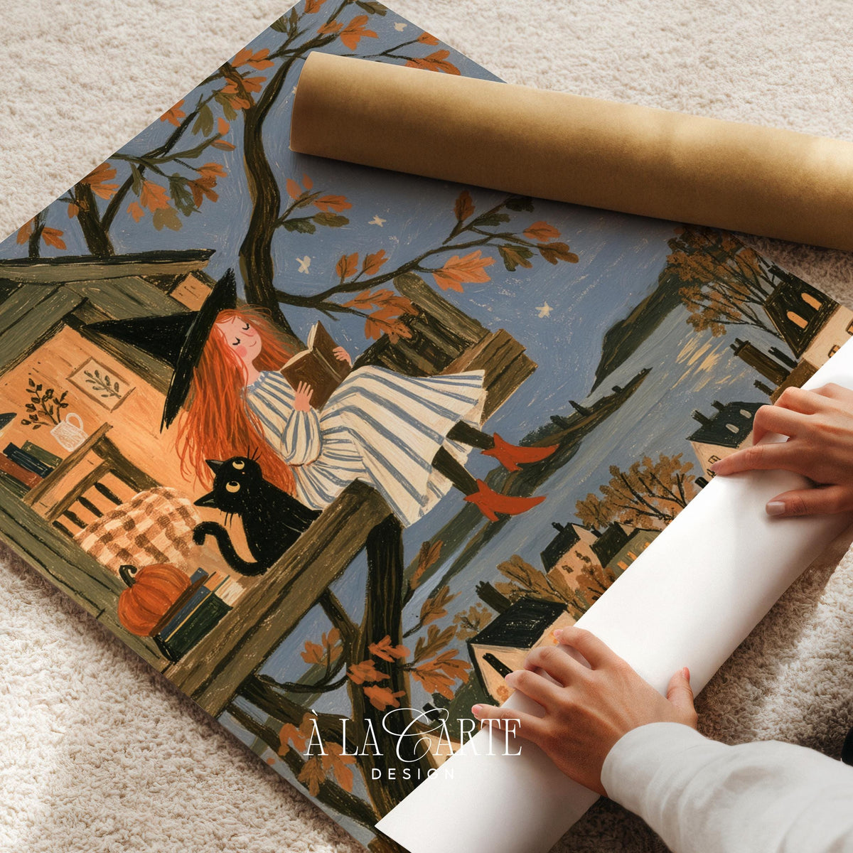 Storybook illustration wall decor for entryway — moody autumn palette featuring witch's nest perched in sprawling branches
