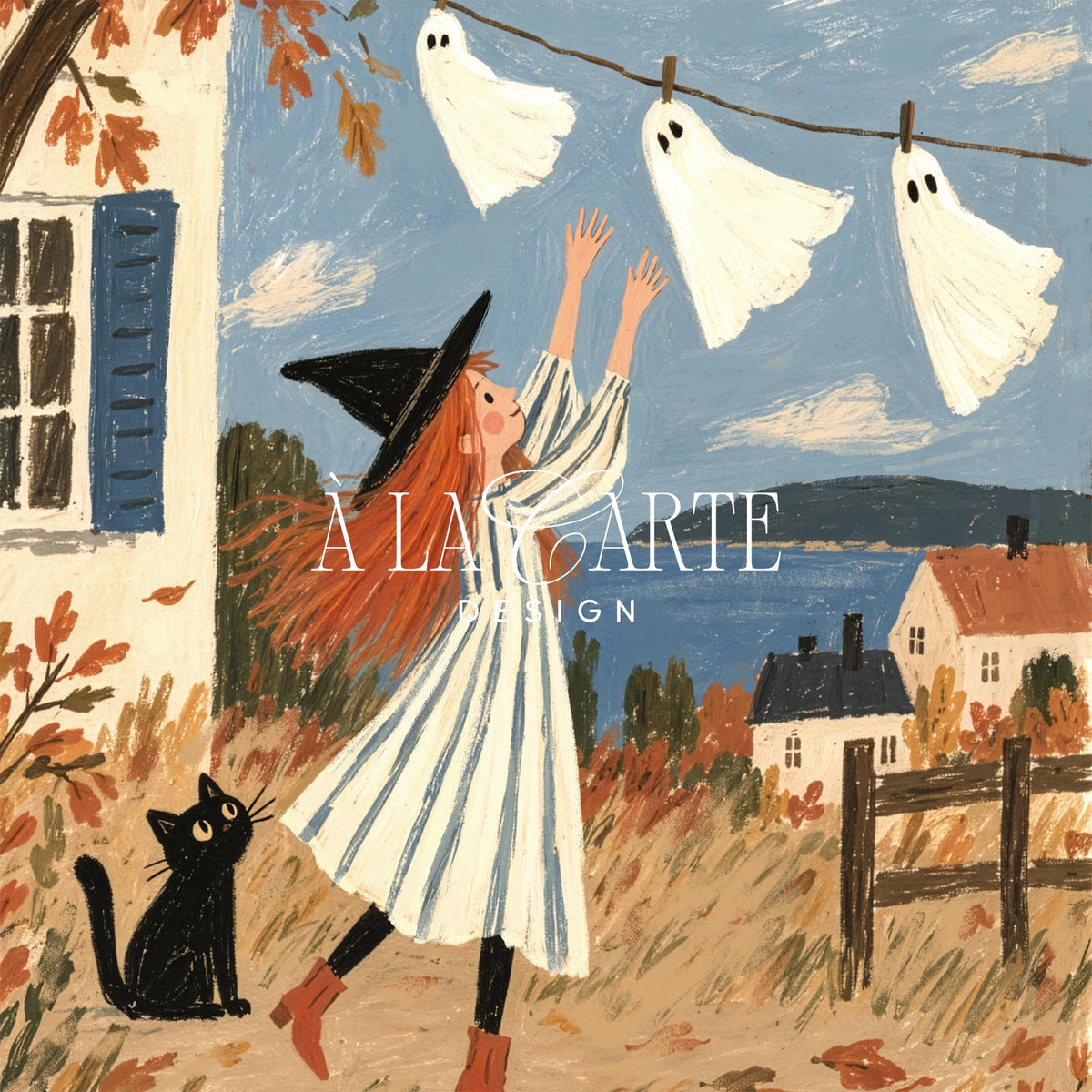 Cottage Halloween artwork featuring red-haired character and feline companion — cozy downloadable picture for seasonal home décor
