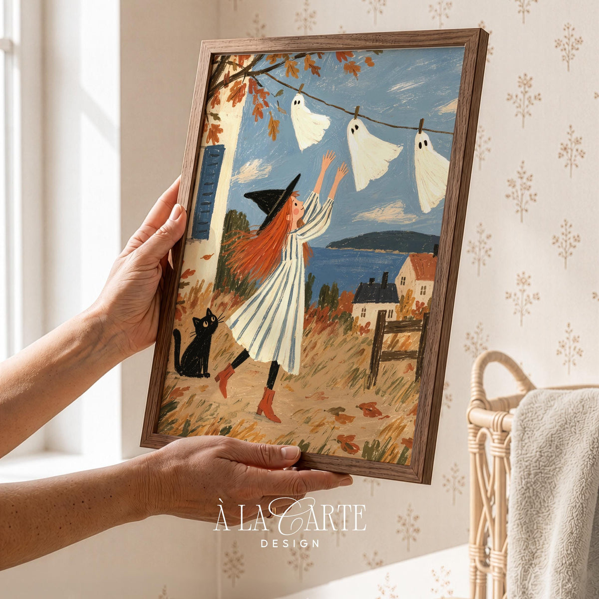 Folk-art style witch poster with autumn tree branch — warm vintage Halloween wall decal perfect for cheerful bedroom styling