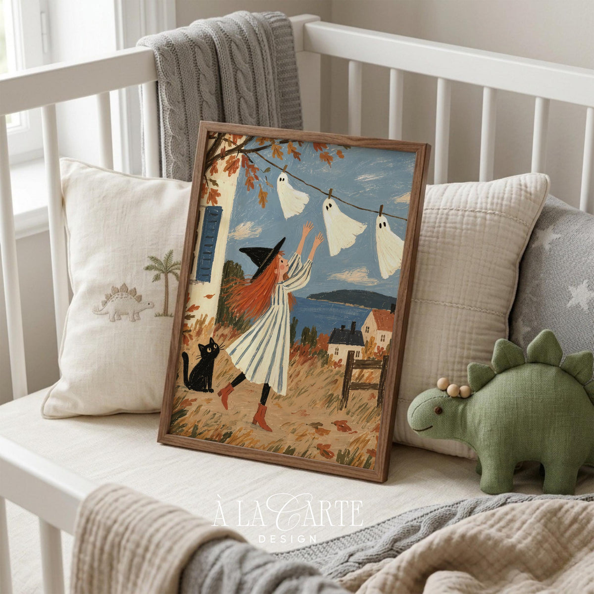 Playful ghost-hanging scene instant download art for entryway — rustic Halloween village painting with brown leaf details