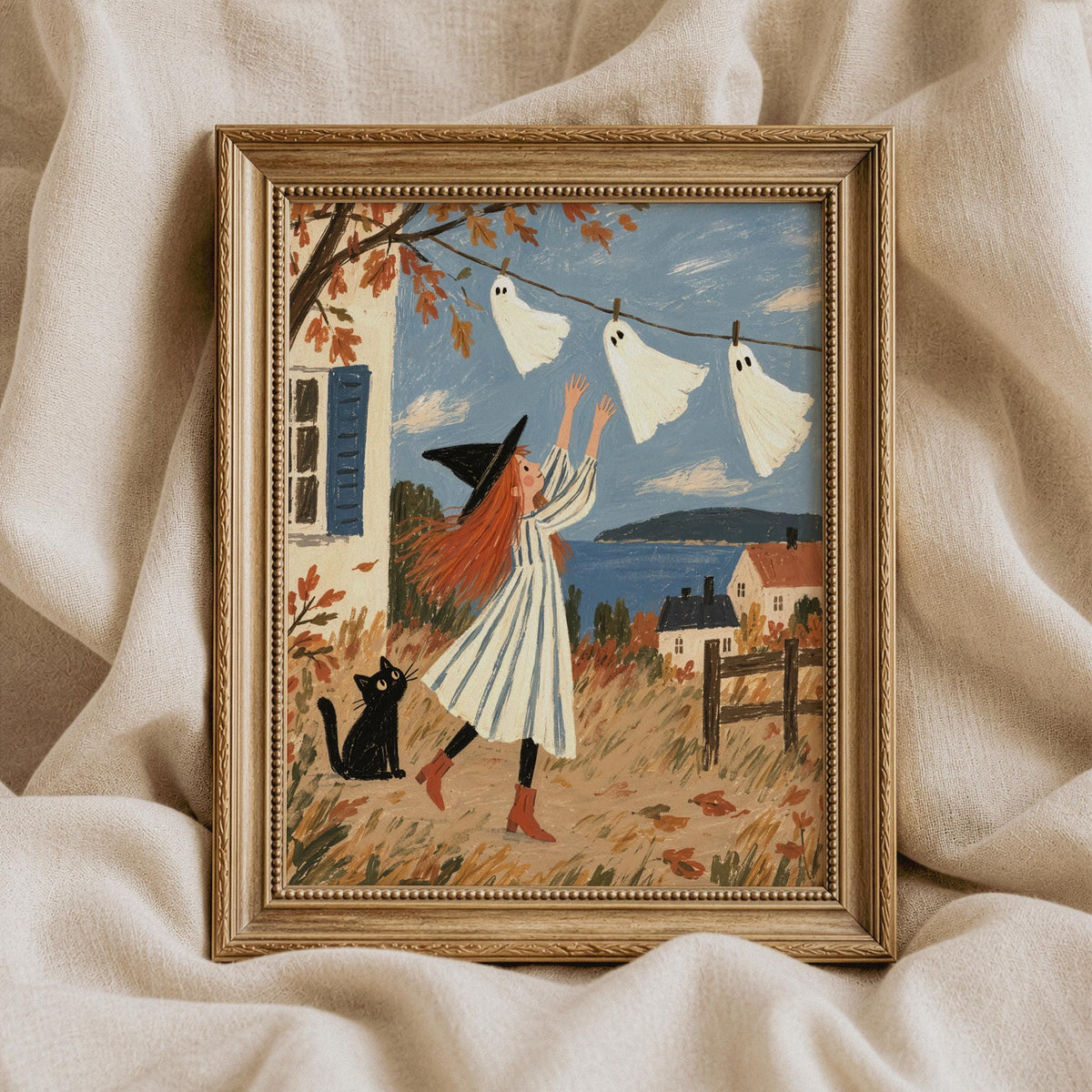 Enchanting fall-themed wall picture featuring girl in striped dress with cat — seasonal holiday printable art with folk-art charm and seaside charm