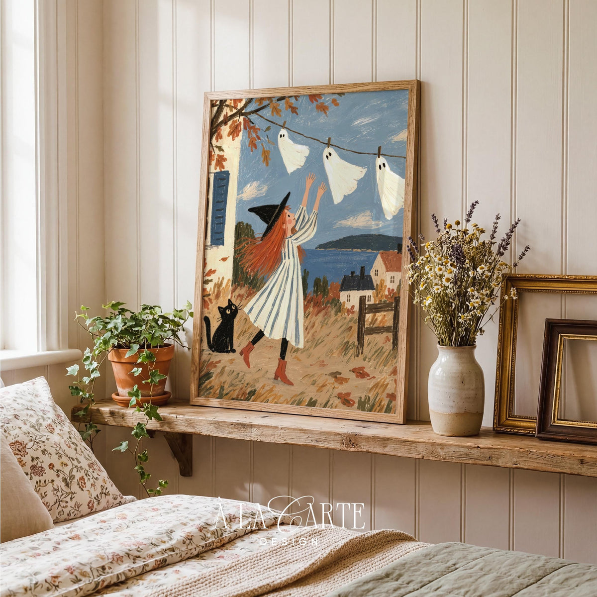 Whimsical October scene digital artwork for gallery wall — festive seaside village painting with ghost decorations and autumn mood