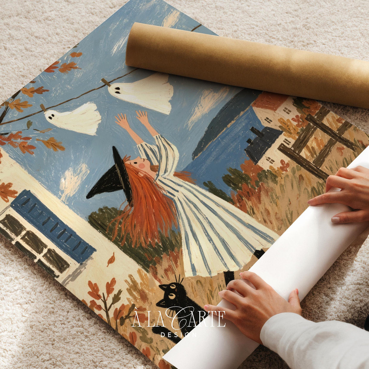 Halloween wall art printable depicting young enchantress with black companion — vintage folk painting with rooftop backdrop and foliage