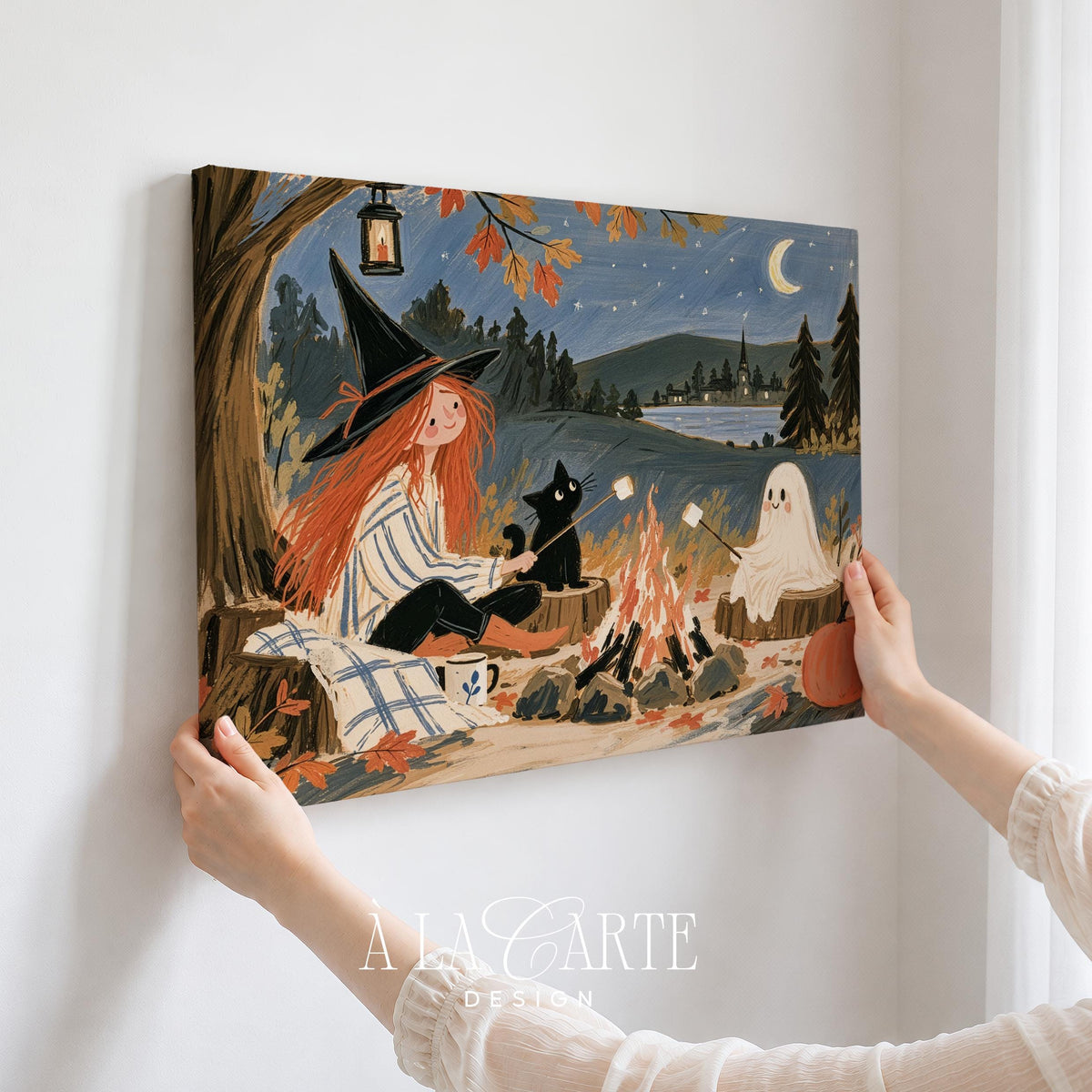 Seasonal cottage core poster for mudroom — whimsical campfire gathering with soft brushstrokes, muted palette, and enchanting moonlit backdrop
