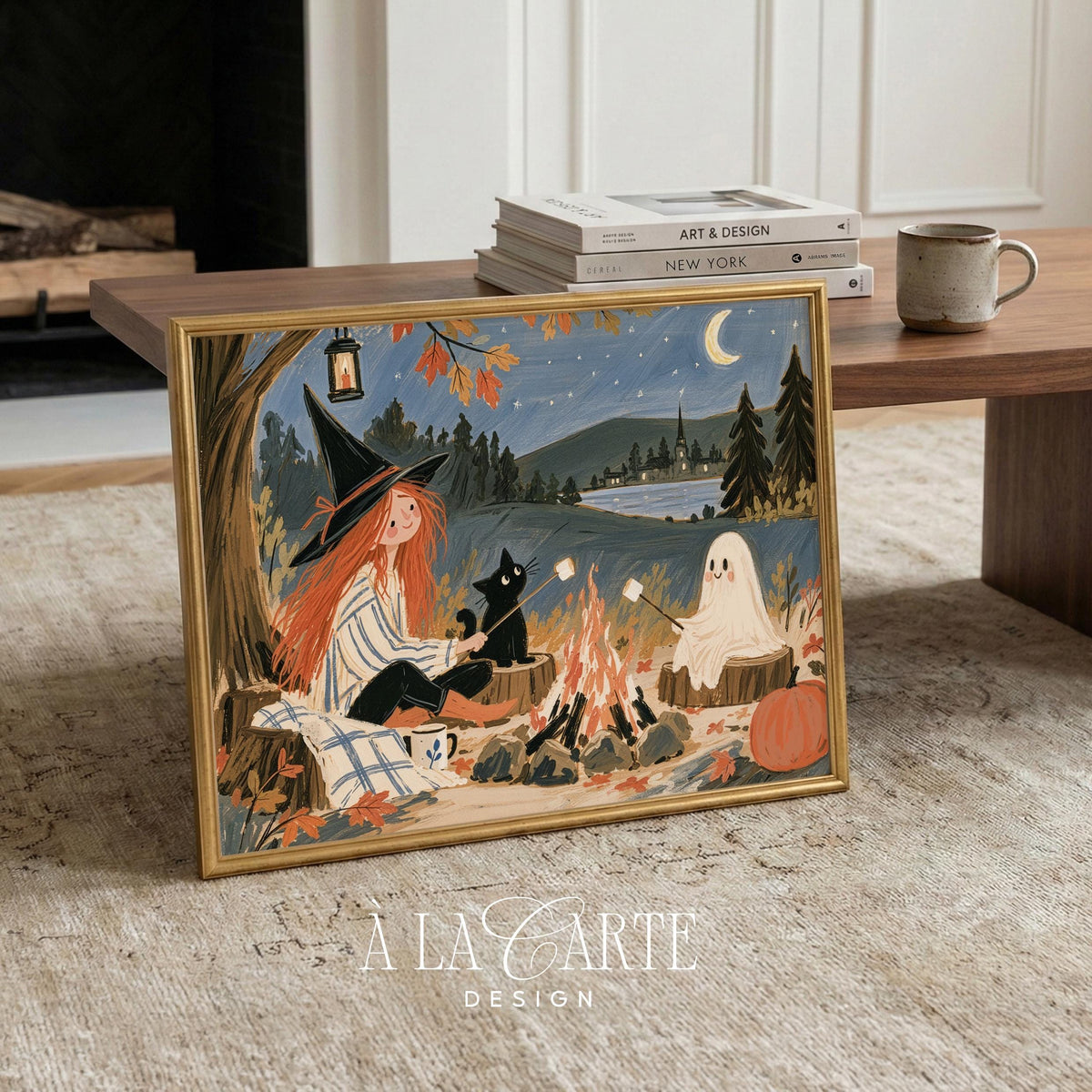Halloween wall decor digital download — enchanted lakeside bonfire with witch, spectral being, and black cat under starlight