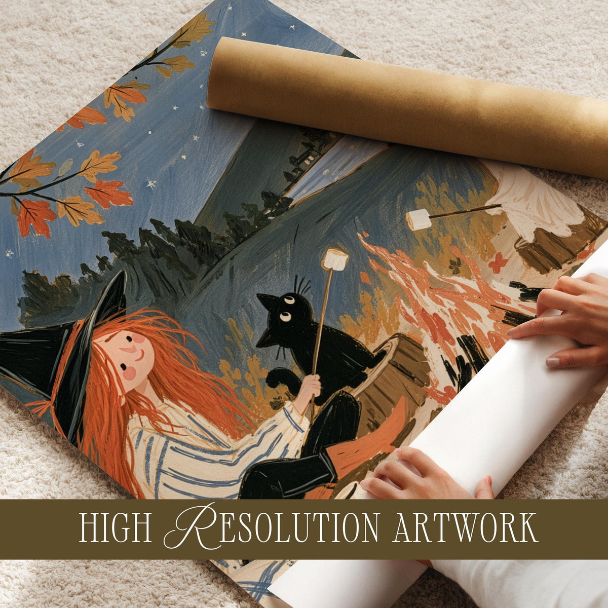 Fall gathering illustration for family room — soft-textured folk-art painting of magical campfire moment with three companions