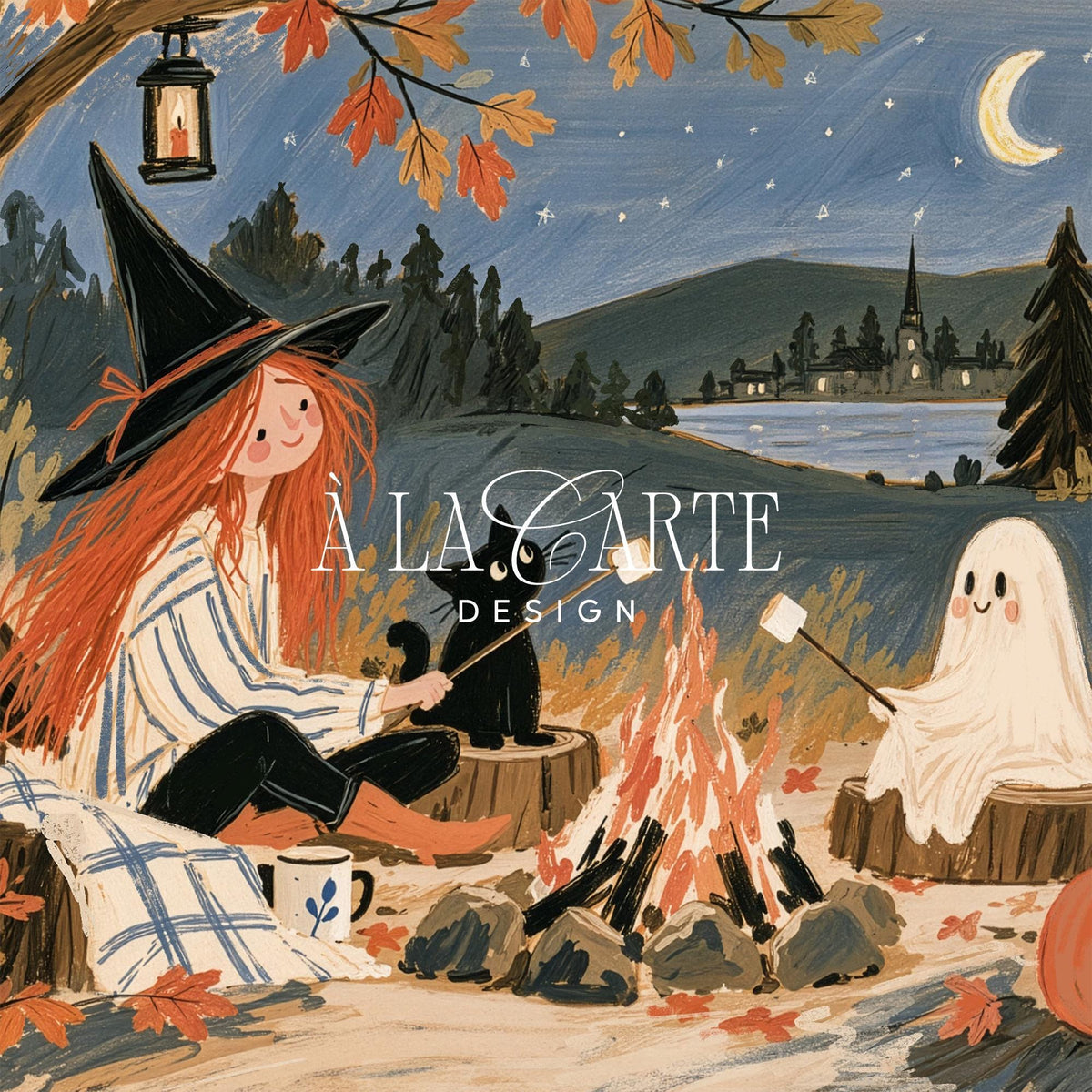 Spooky-but-sweet instant download poster — woodland lakeside campfire with plaid blanket, teacup, and Halloween charm