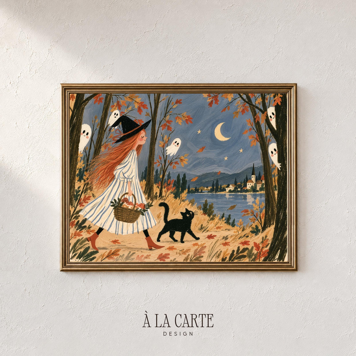 Autumn witch digital print for living room — whimsical forest setting with friendly ghosts and muted gold tones