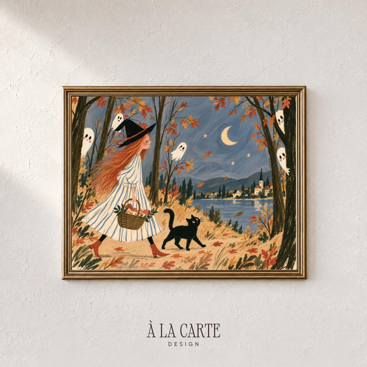 Autumn witch digital print for living room — whimsical forest setting with friendly ghosts and muted gold tones