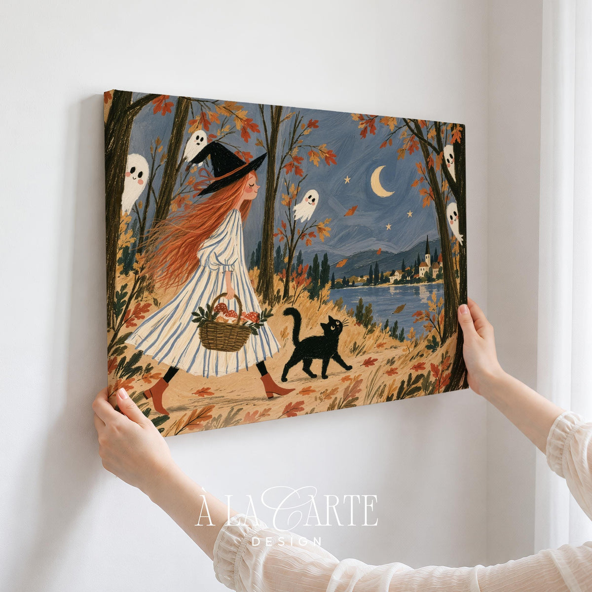Enchanted autumn picture for gallery wall — folk-art witch with flowing red locks, black feline companion, and festive mood
