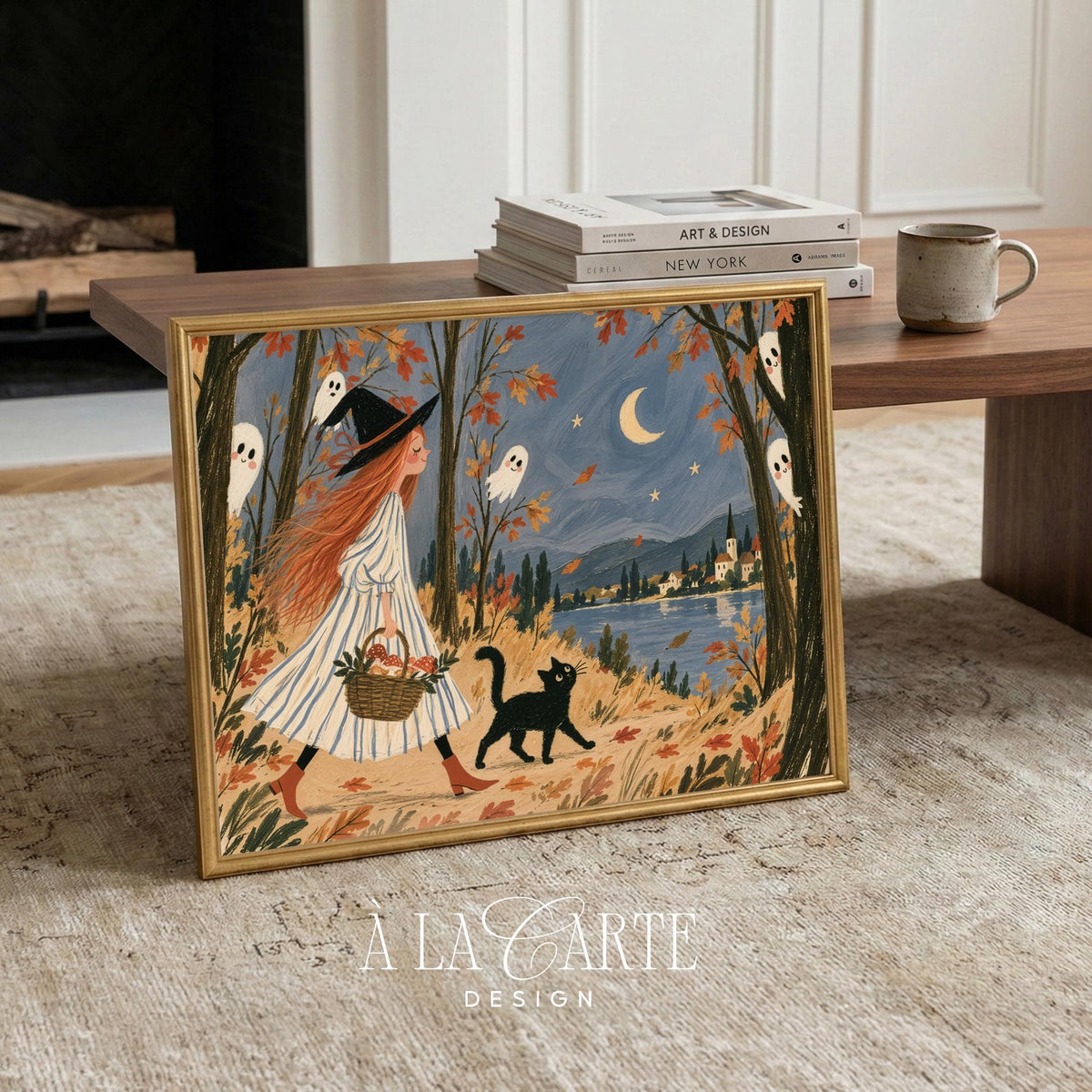 Witch character instant download print — whimsical autumn woodland with distant village and scattered golden leaves