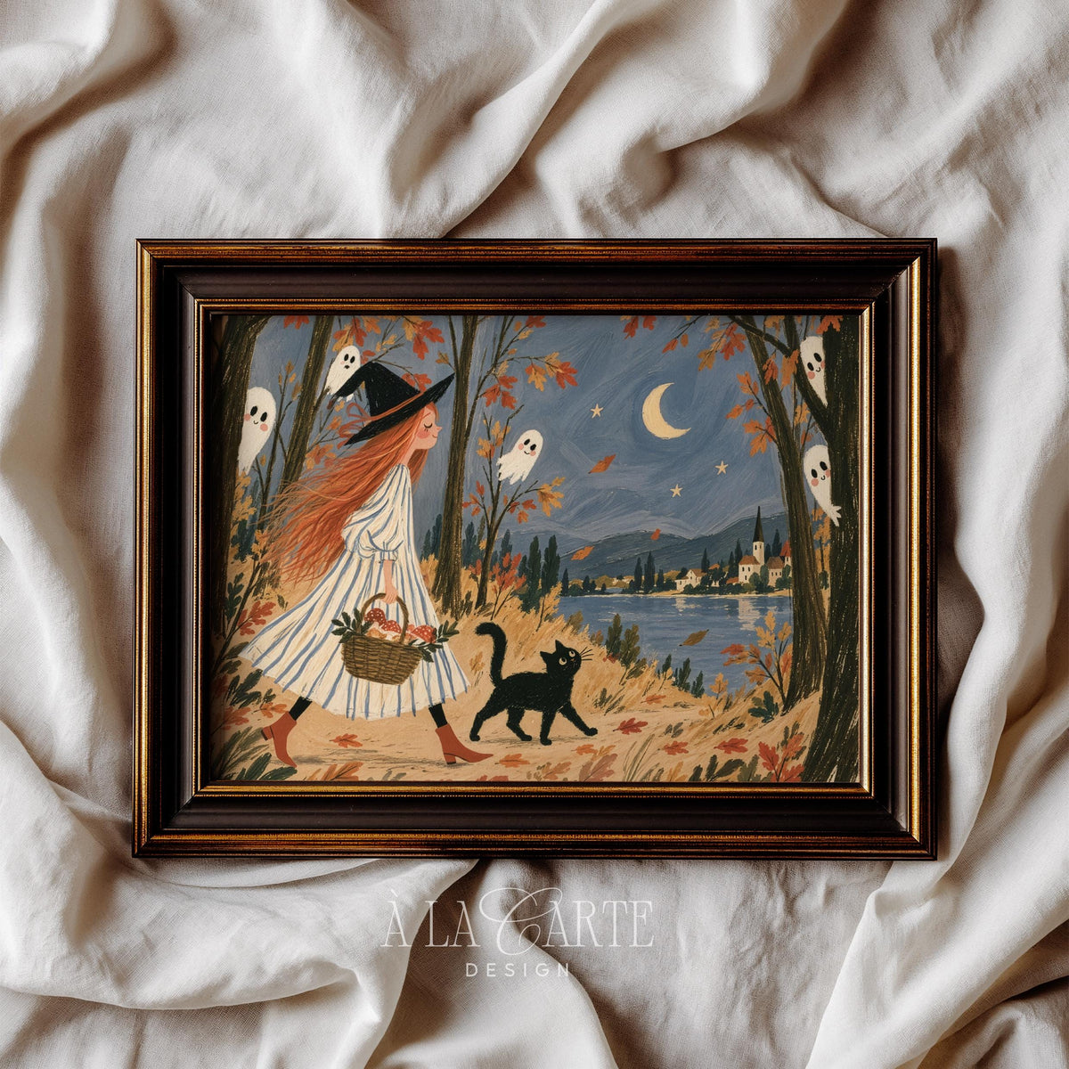 Young sorceress instant download artwork for seasonal display — soft illustrated painting with black cat, basket, and whimsical woodland setting