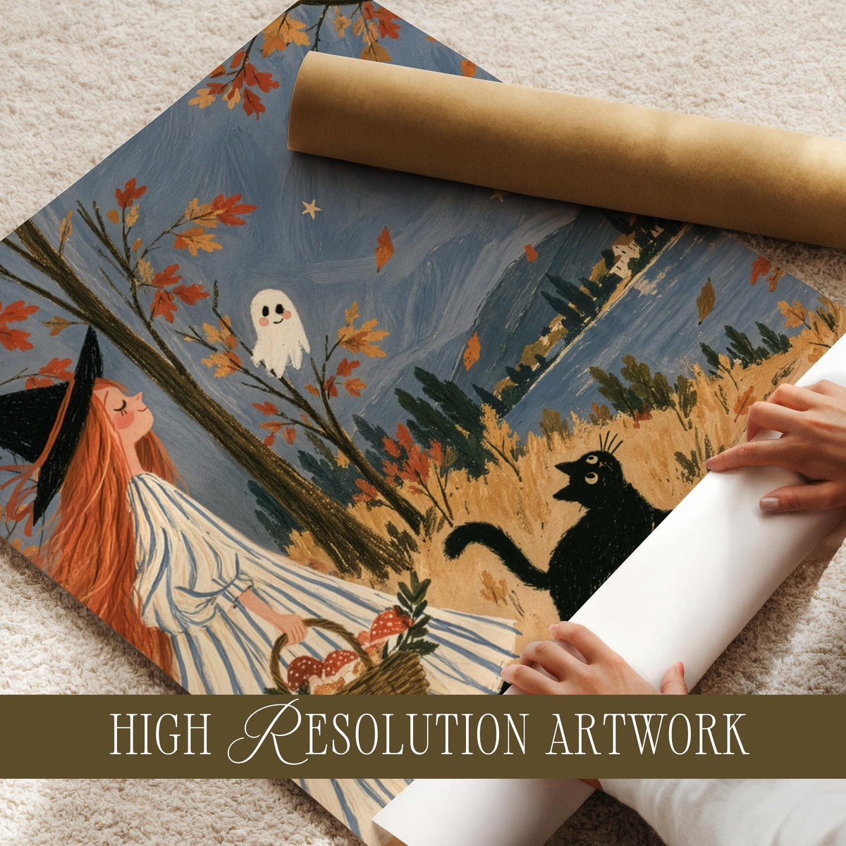 Witch walking through autumn woods digital download — storybook illustration with black companion and glowing night sky