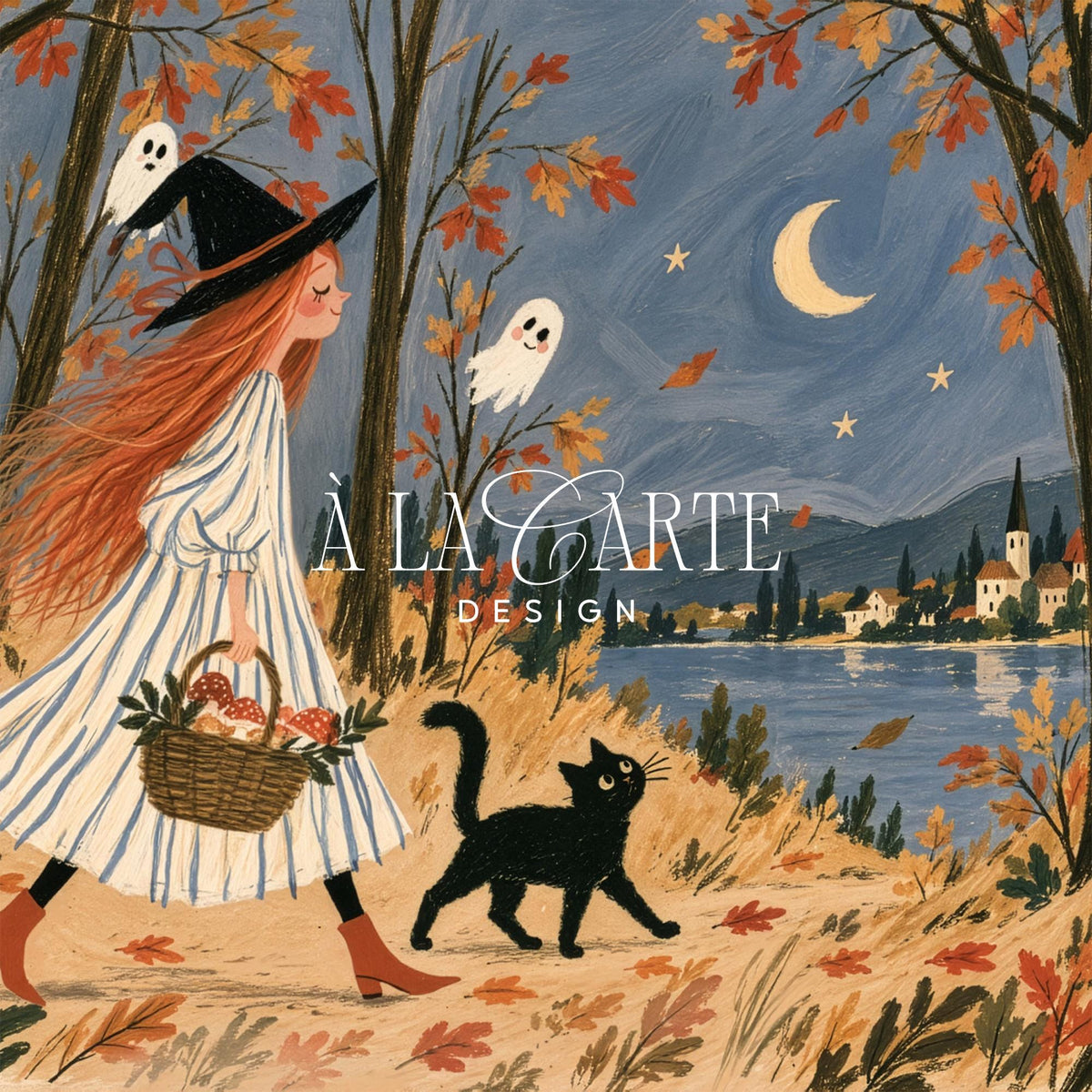 Fall forest witch artwork for entryway — folk-inspired painting with pumpkin palette and whimsical woodland mood