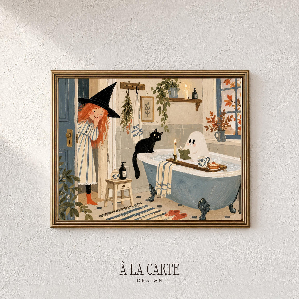 Festive Halloween witch bathroom illustration poster art — soft painterly printable wall decor with warm candlelight ambiance