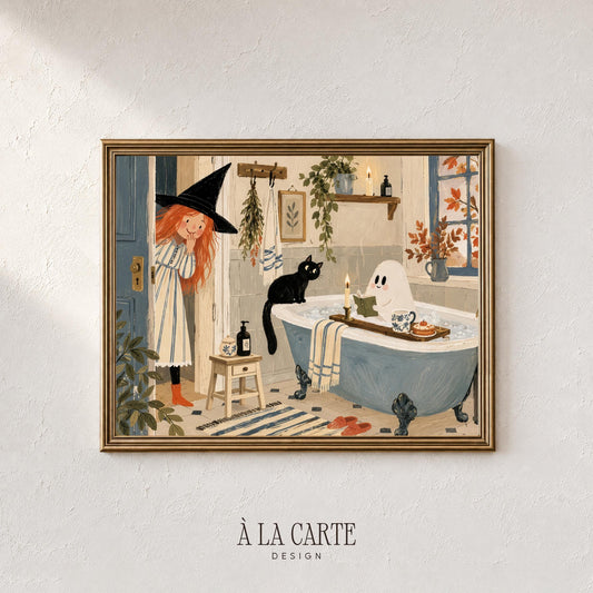 Festive Halloween witch bathroom illustration poster art — soft painterly printable wall decor with warm candlelight ambiance