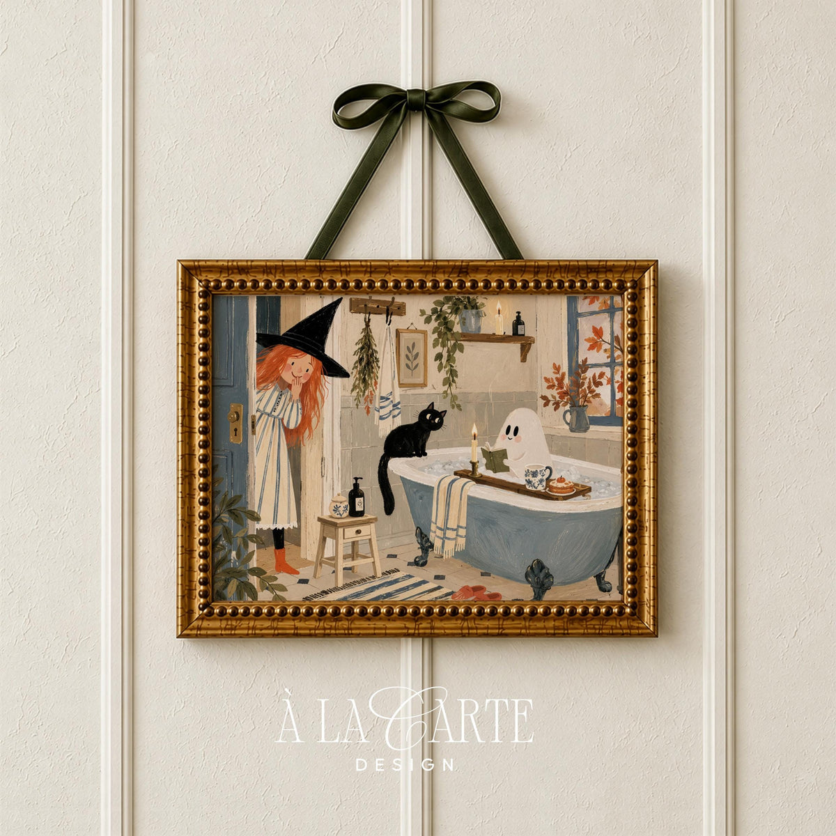 Black cat perched on tub edge digital wall art for entryway — whimsical spooky scene with candles and storybook warmth