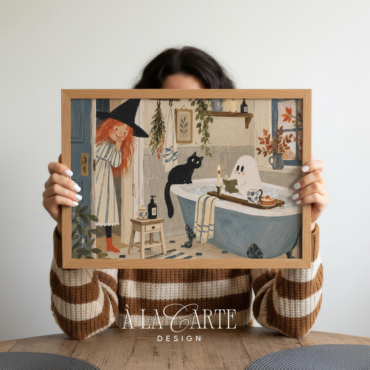 Autumn-themed bathroom ghost and witch picture for gallery wall — playful seasonal printable art with candlelit whimsical mood