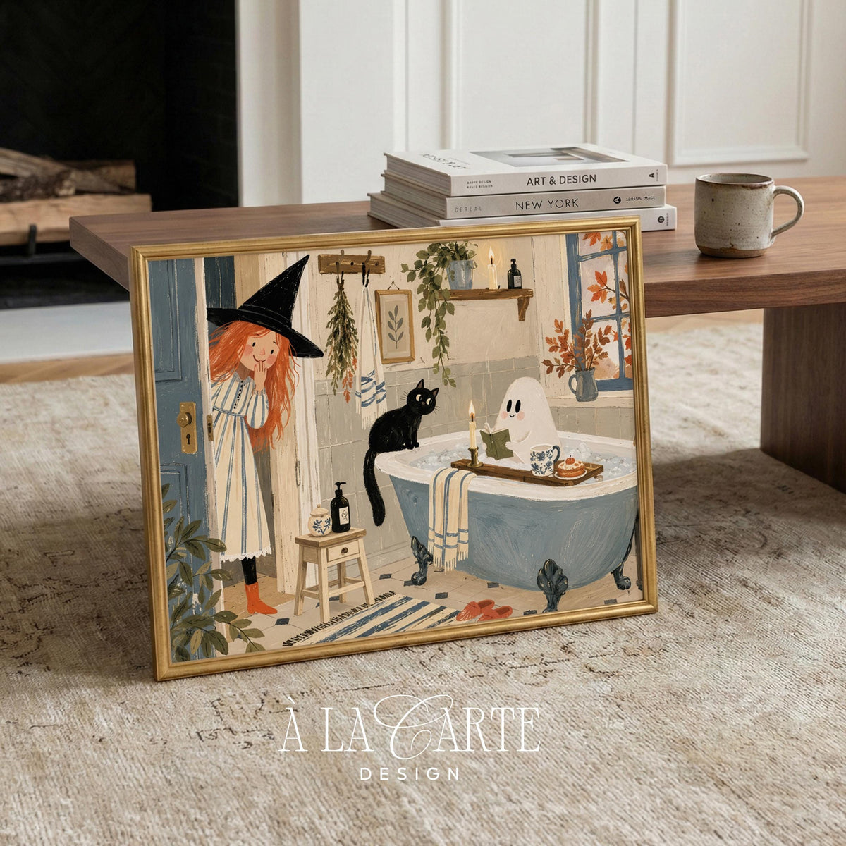 Haunted bathroom scene painting for bedroom — charming Halloween artwork with vintage children's book illustration style