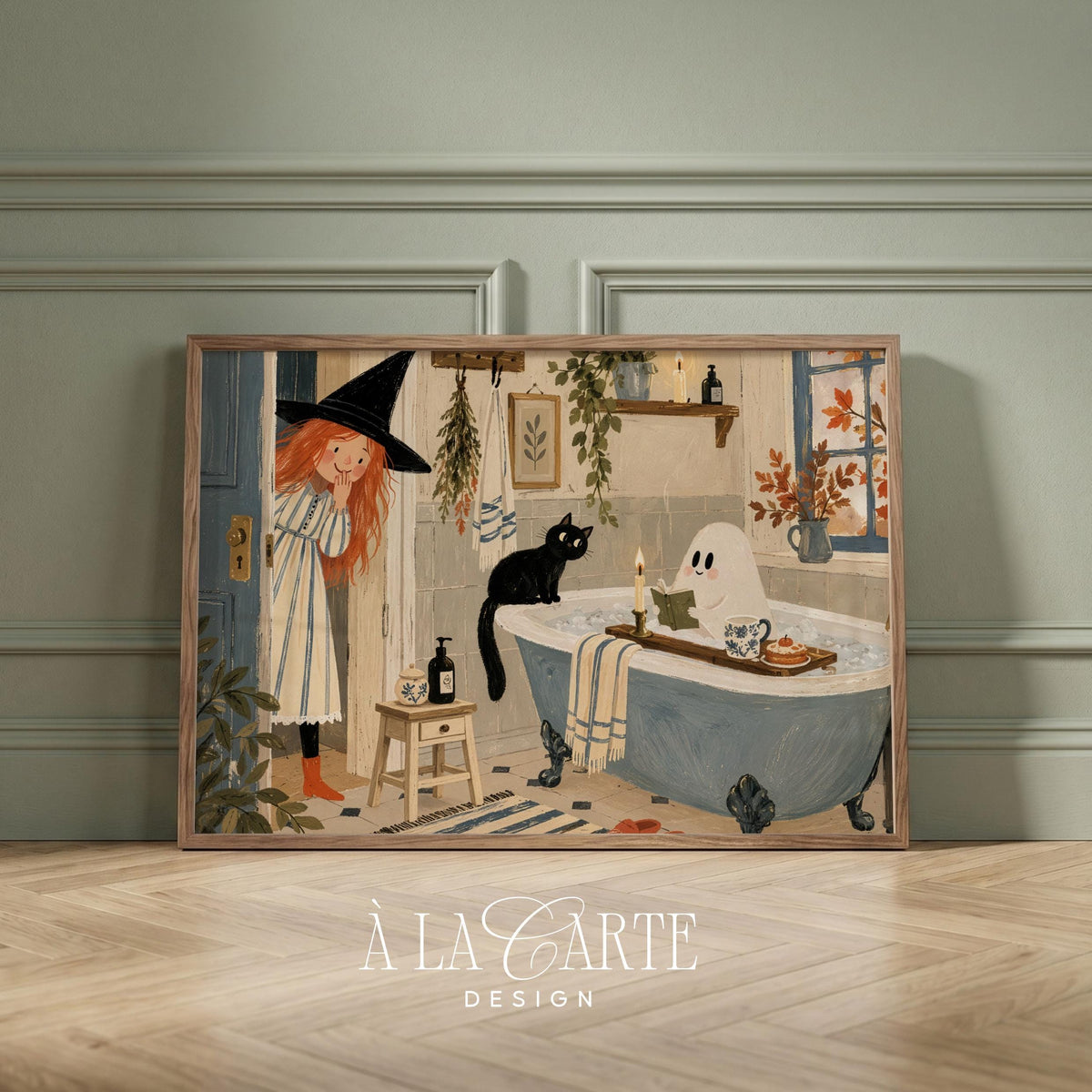 Bathroom ghost bathtub picture art print — playful seasonal wall art featuring witch, black cat, and candlelight