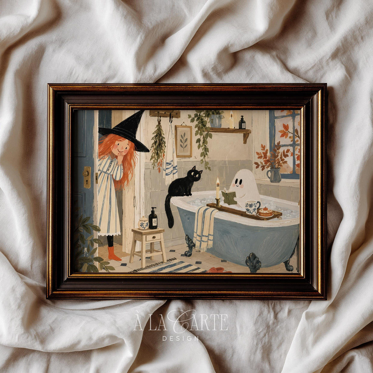 Cozy spooky bathroom scene digital art print — charming ghost relaxation illustration with witch character and black cat detail