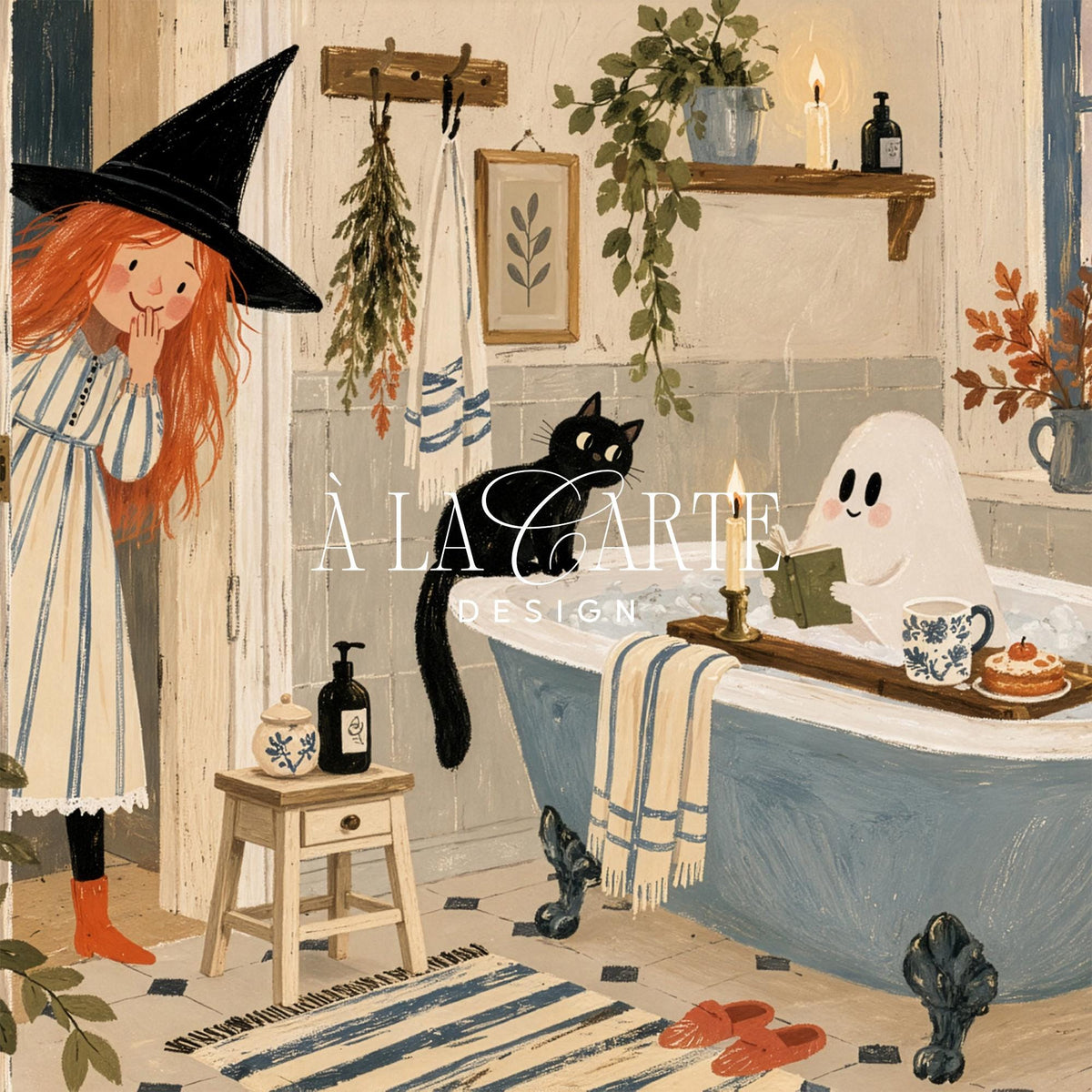 Claw-foot bathtub ghost relaxation painting — festive witch illustration with feline companion and candlelit cozy ambiance