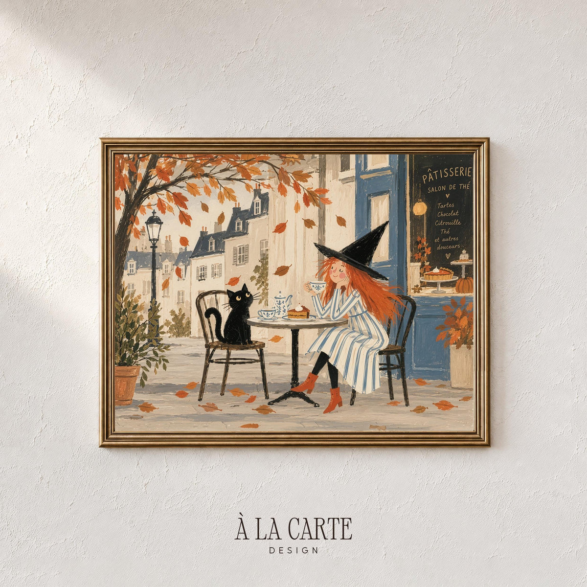 Witch at outdoor bakery wall art for bedroom — whimsical autumn illustration with cobblestone street and seasonal vibe