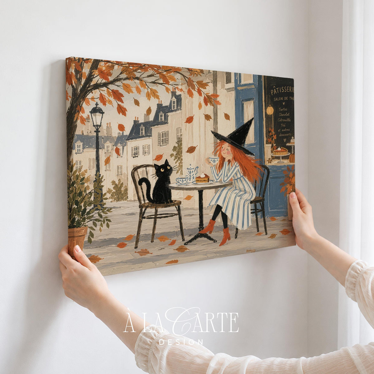Charming tea time artwork featuring elegant witch — printable wall art with vintage color palette and storybook mood