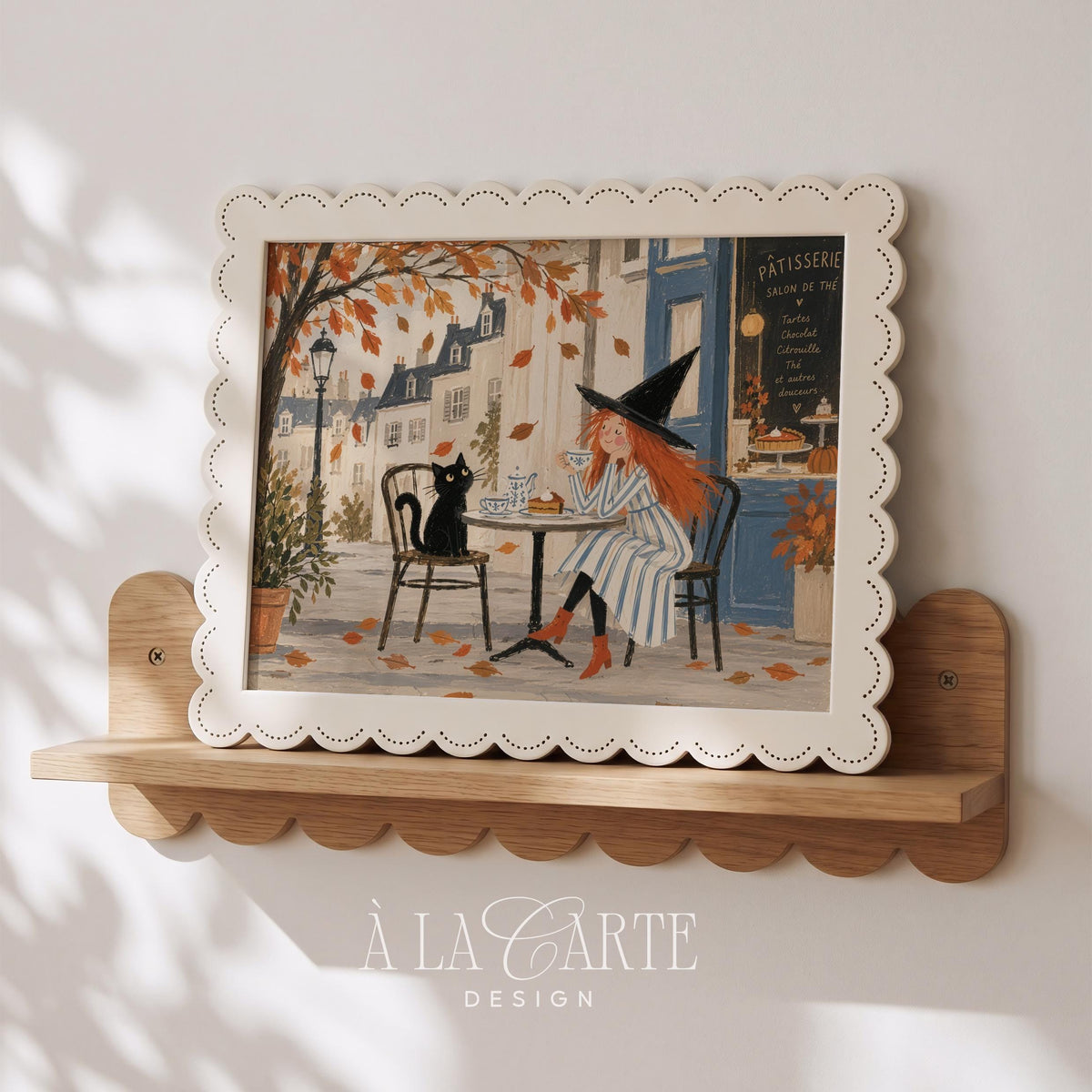 Spellbinding tea party artwork for seasonal decor — downloadable picture featuring witch, cat, and European café charm