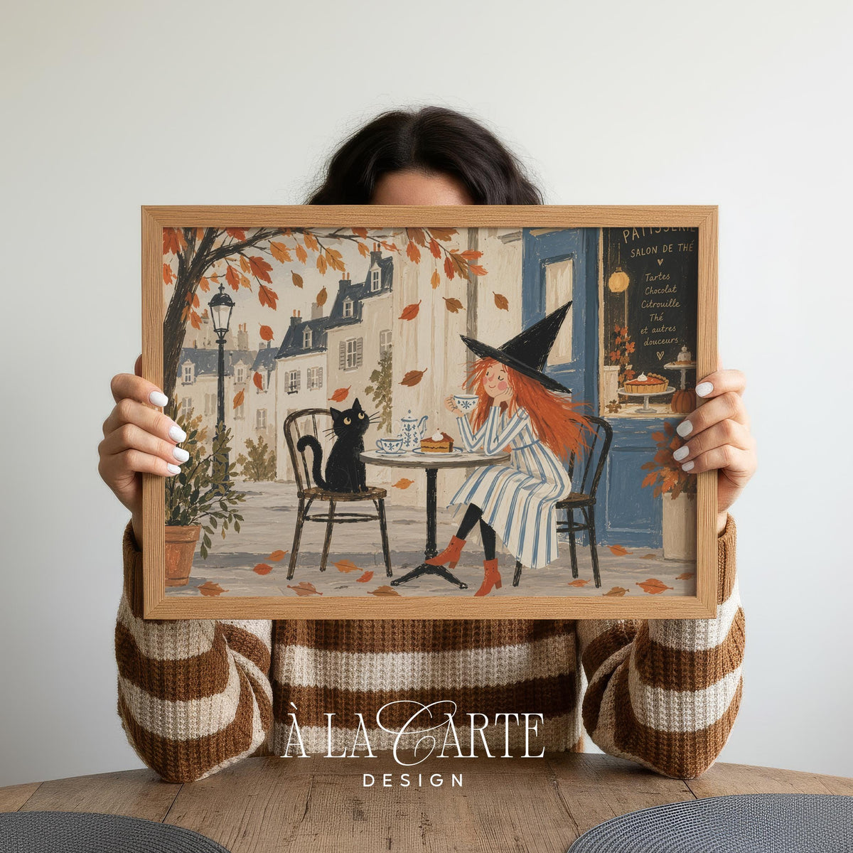 Tea time with witch and black cat picture — instant digital download for hallway with cottagecore autumn aesthetic