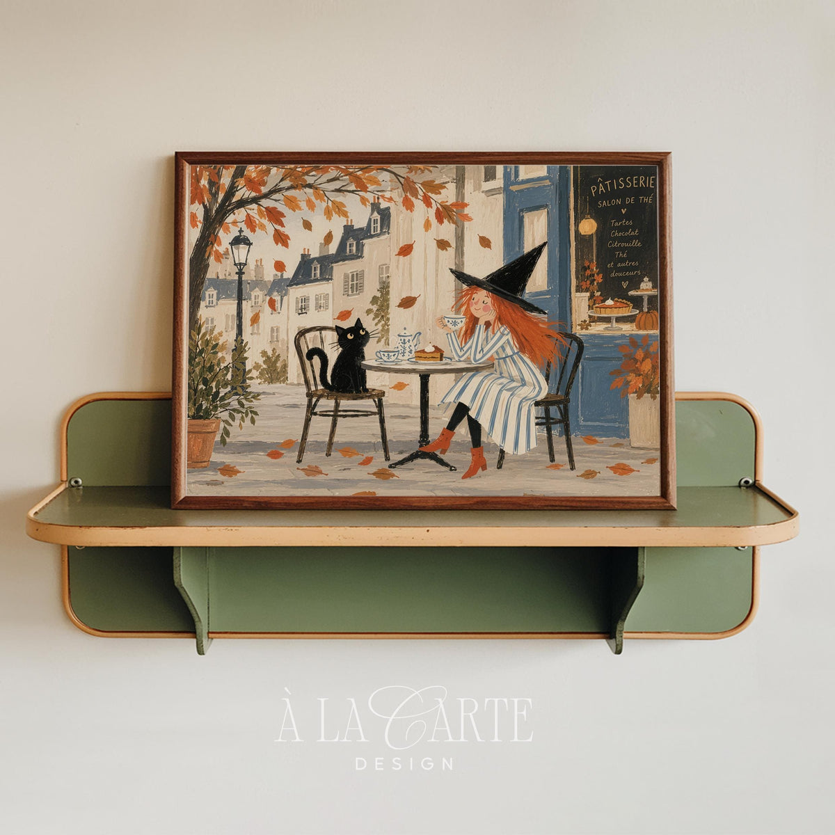 Cozy autumn illustration of witch and pet — wall art for nursery with soft painterly style and European street scene