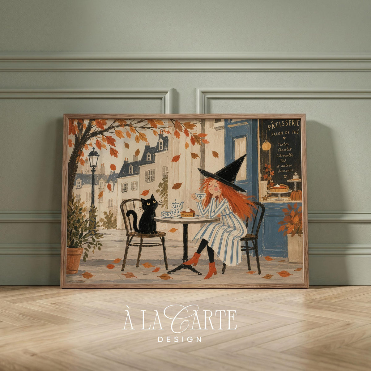 Autumn witch tea party poster for gallery wall — cute storybook illustration with falling leaves and patisserie backdrop