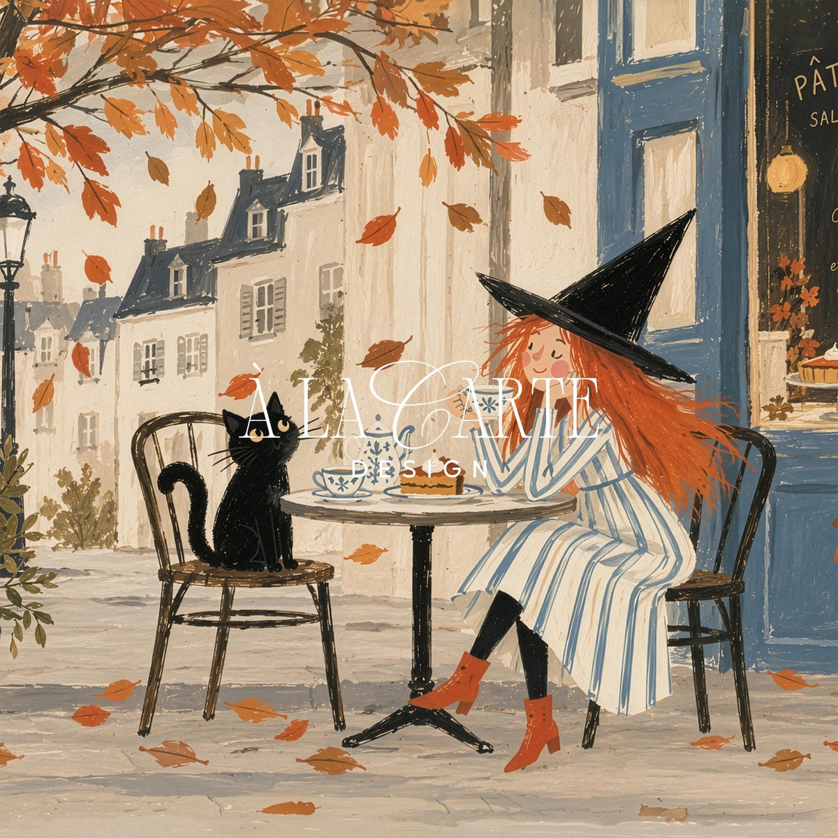 Red-haired witch poster with black cat enjoying tea at European café — cozy autumn illustration for living room