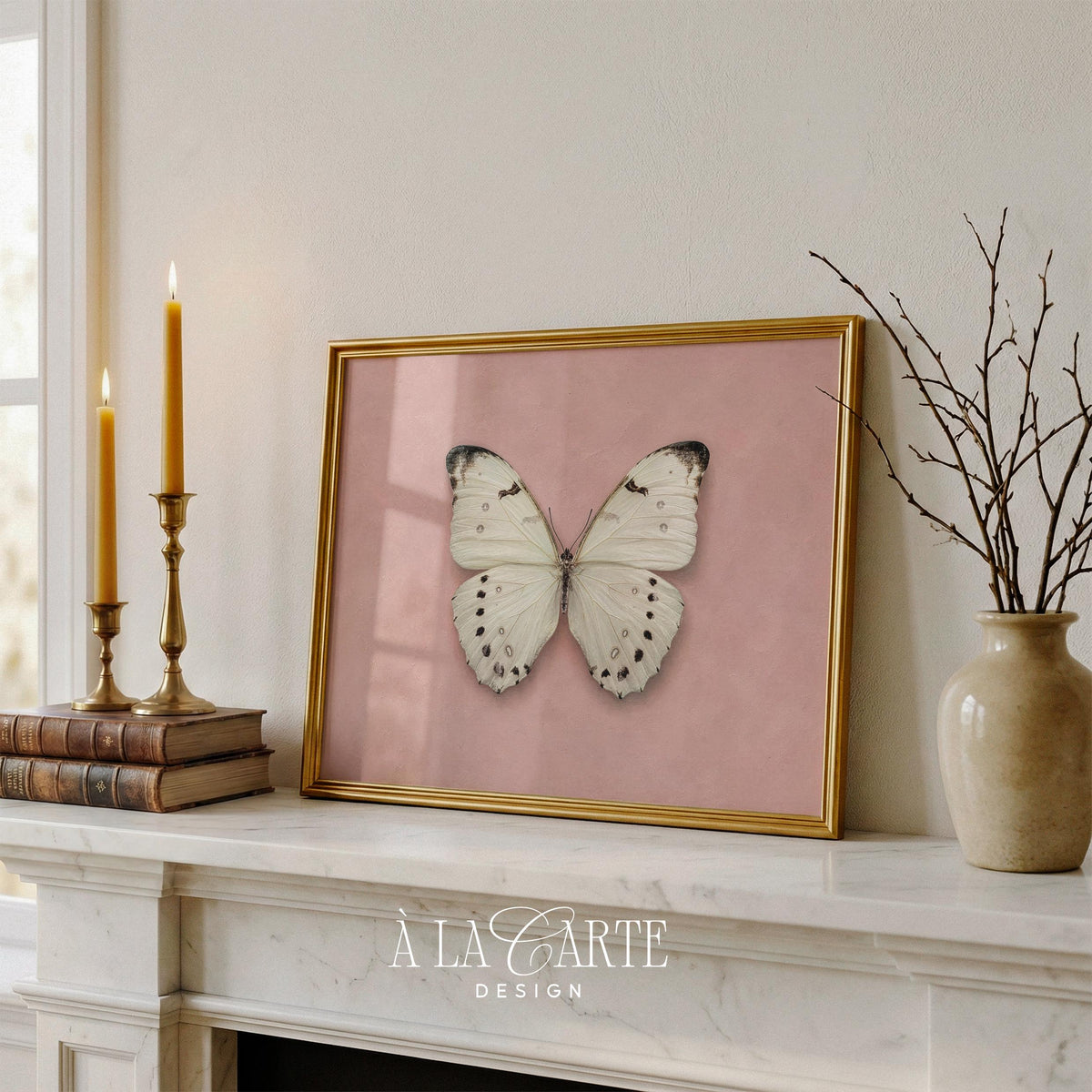 Botanical butterfly poster art for bedroom — symmetrical winged insect with soft romantic vintage charm