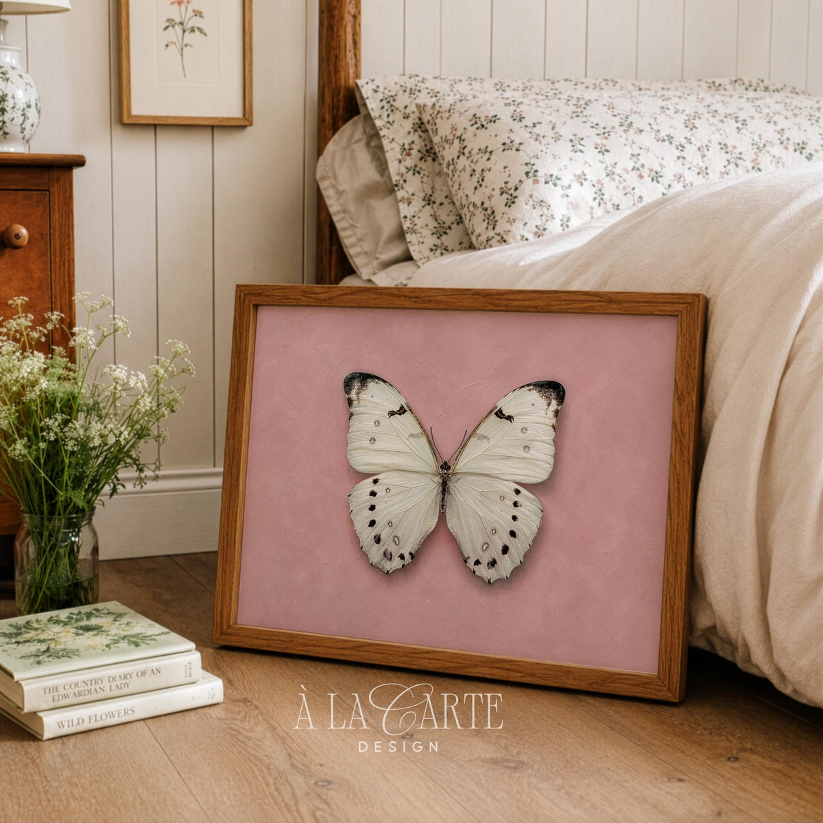 Delicate white butterfly illustration printable art for living room — soft cottagecore nature specimen style
