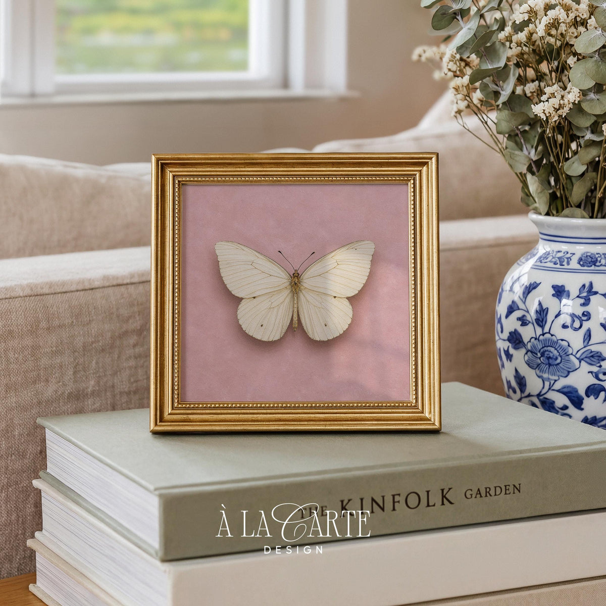 White butterfly printable art for bedroom — vintage natural history illustration with blush pink background