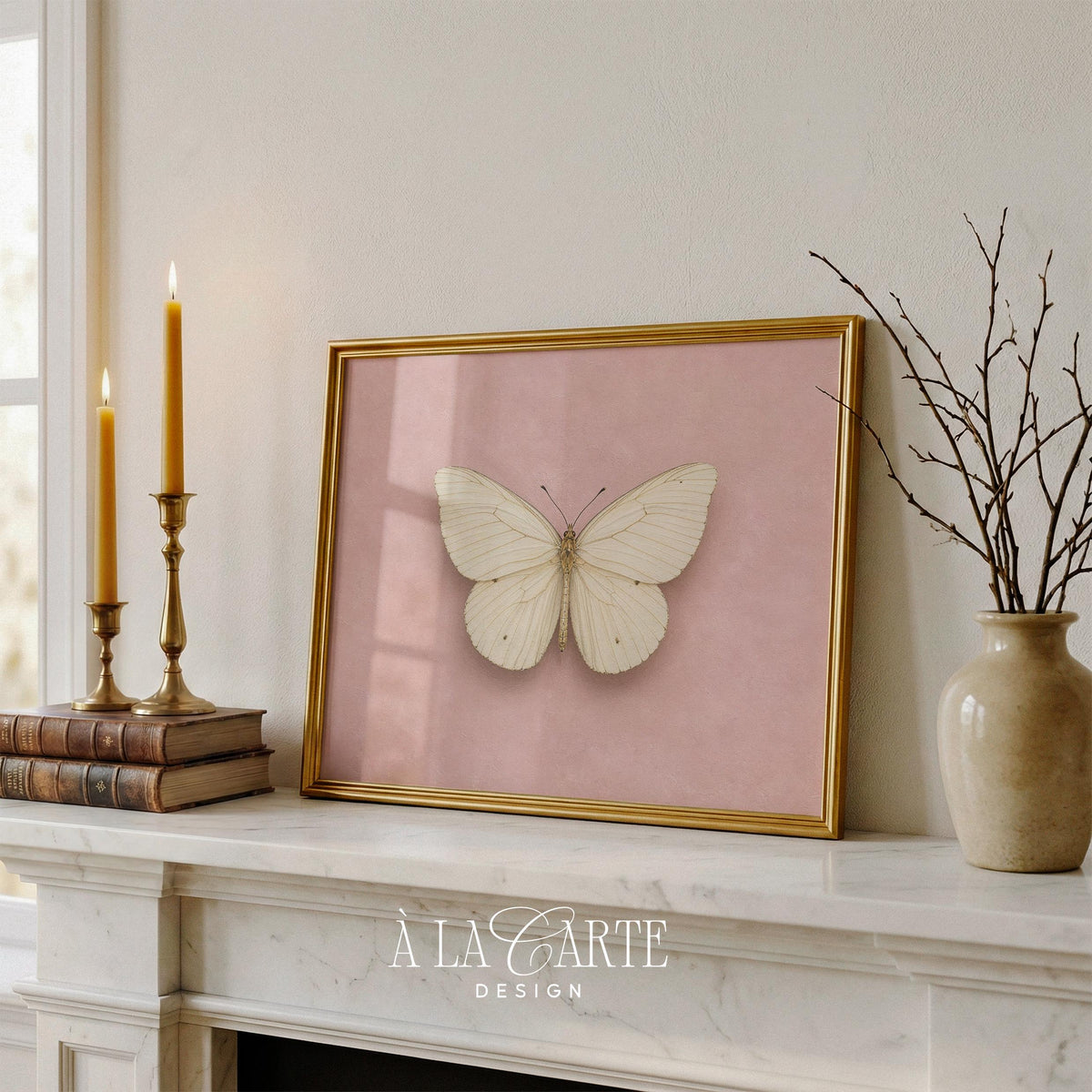 Delicate insect poster for living room — cottagecore botanical specimen with soft mottled texture