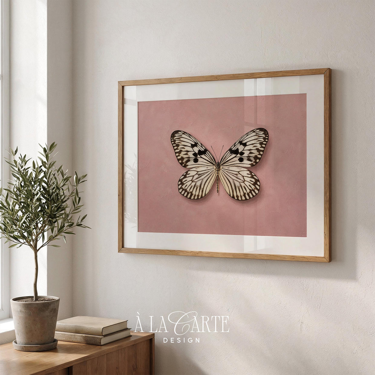 Patterned butterfly artwork for nursery wall — soft feminine print with naturalist illustration style