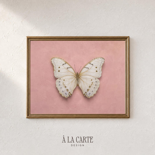 Fine art butterfly printable for gallery wall — vintage specimen study with gold-dotted pattern on blush canvas