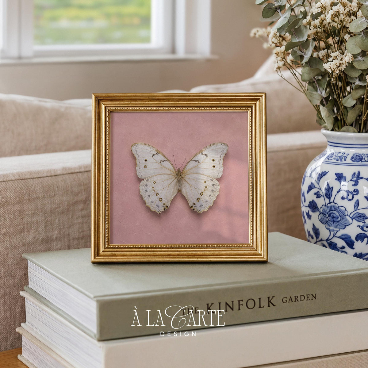 Romantic winged butterfly art for baby room — delicate painterly rendering with cottagecore aesthetic and warm peachy tones